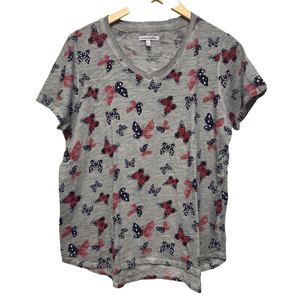 Sunsets & Sweet Tea Womens Tee Shirt L Patriotic Butterfly Gray V-Neck‎